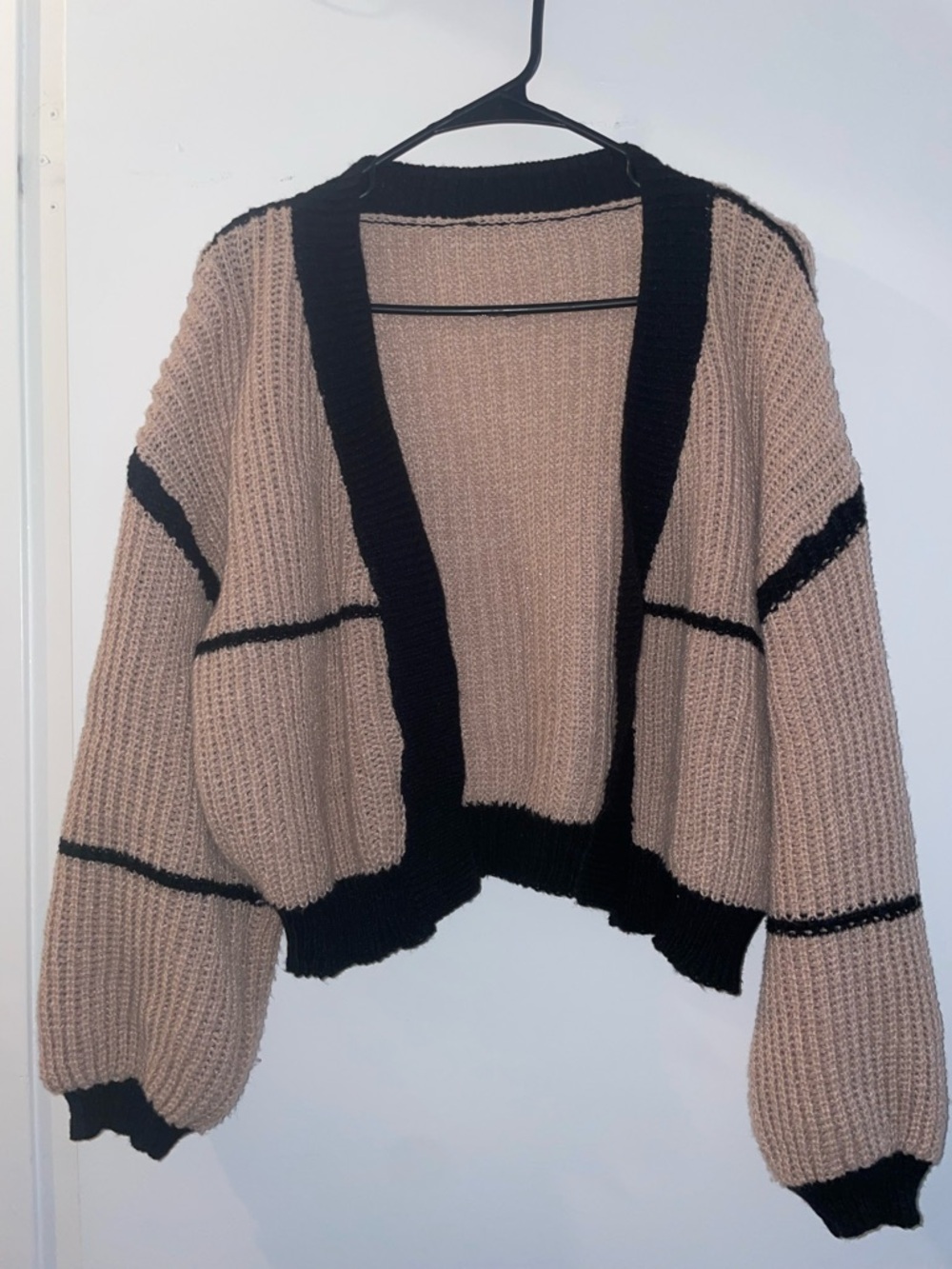 Women's Cropped Open-Front Knit Cardigan - Beige with Black Trim